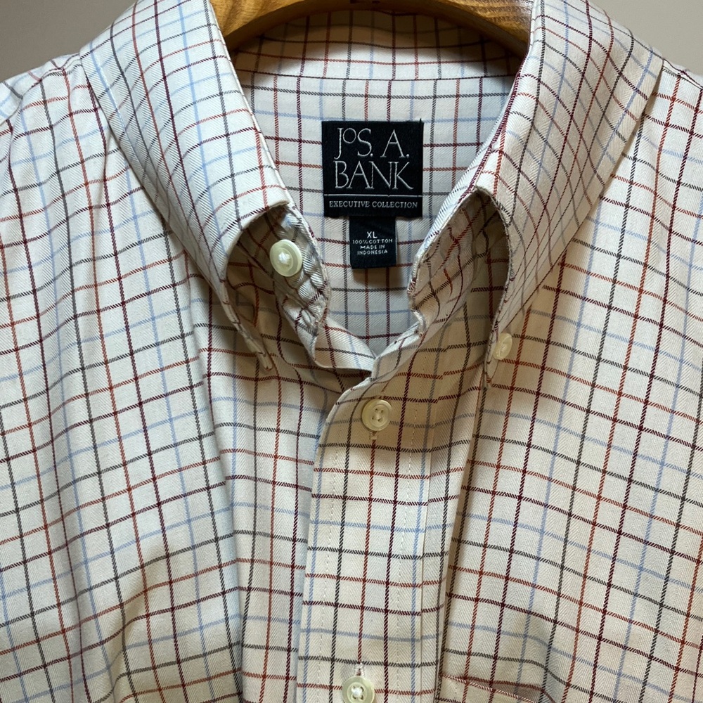 Jos. A. Bank Cream Button-Down Shirt with Red and Blue Windowpane Check
